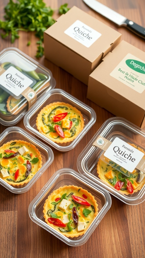 Quiche Packaging Solutions Various quiche packaging options including plastic clamshells and cardboard boxes on a wooden table.
